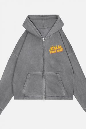 Calm Your Mind Retro Flame Text Design Zip Hoodie