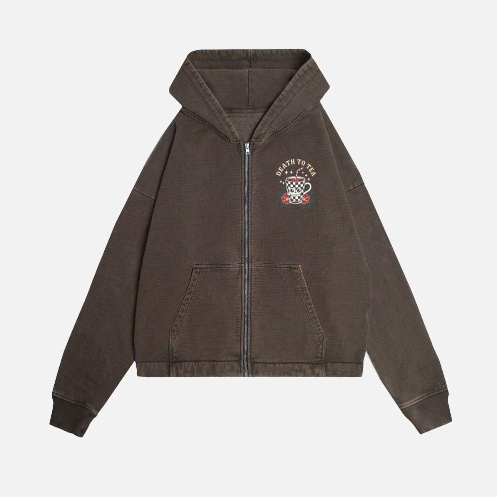 Death to Tea Skull Mug Retro Graphic Zip Hoodie - Image 2