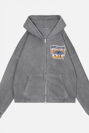 Hang Out Retro Street Graphic Zip Hoodie