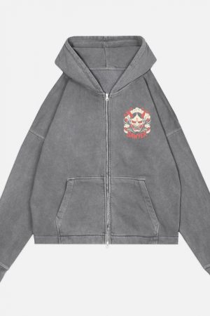 Sawyer Demon Mask Retro Graphic Zip Hoodie