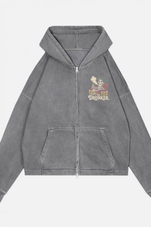 The Drunker Skeleton Beer Mug Design Zip Hoodie