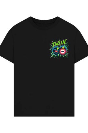 Twin Skull Neon Cross Eyes Graphic Art T-Shirt